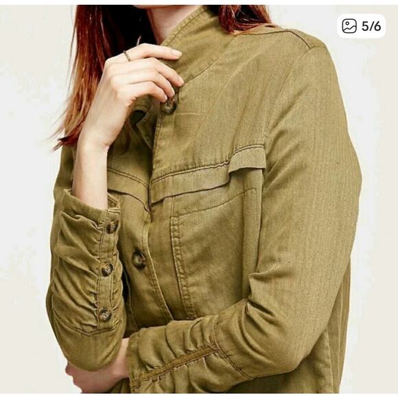Free People Olive Duster Trench Coat LARGE Oversized Linen Long Fall Grunge Rare - Picture 4 of 9